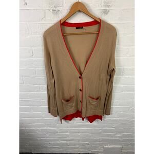 Magaschoni Women's V-Neck Cardigan Sweater Long Sleeve Tan Red Size Large